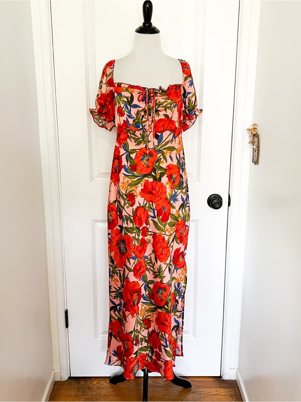 Topshop Pink Maxi Dress with Red Floral Print - Size 8